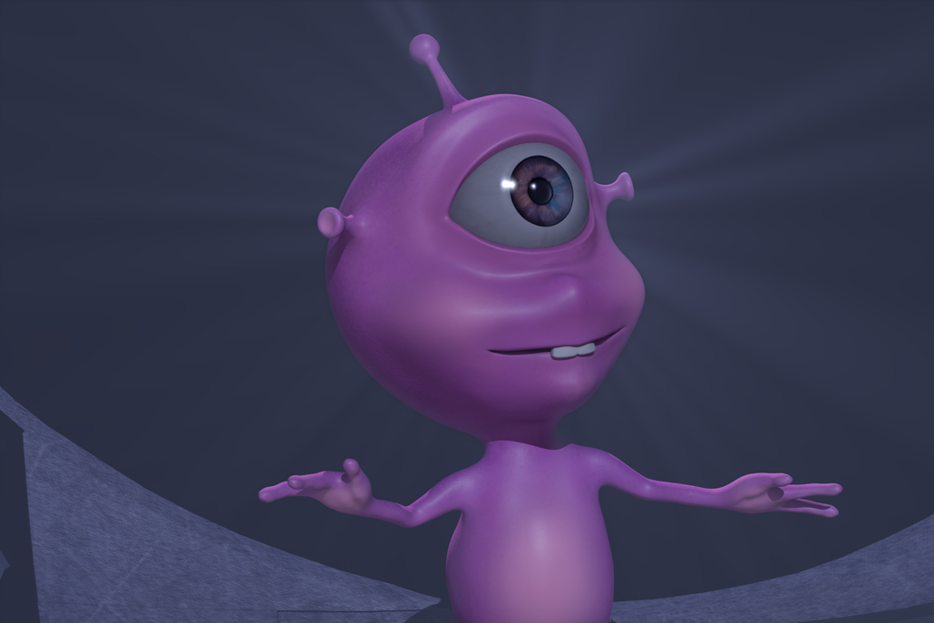 3D animation of purple alien character